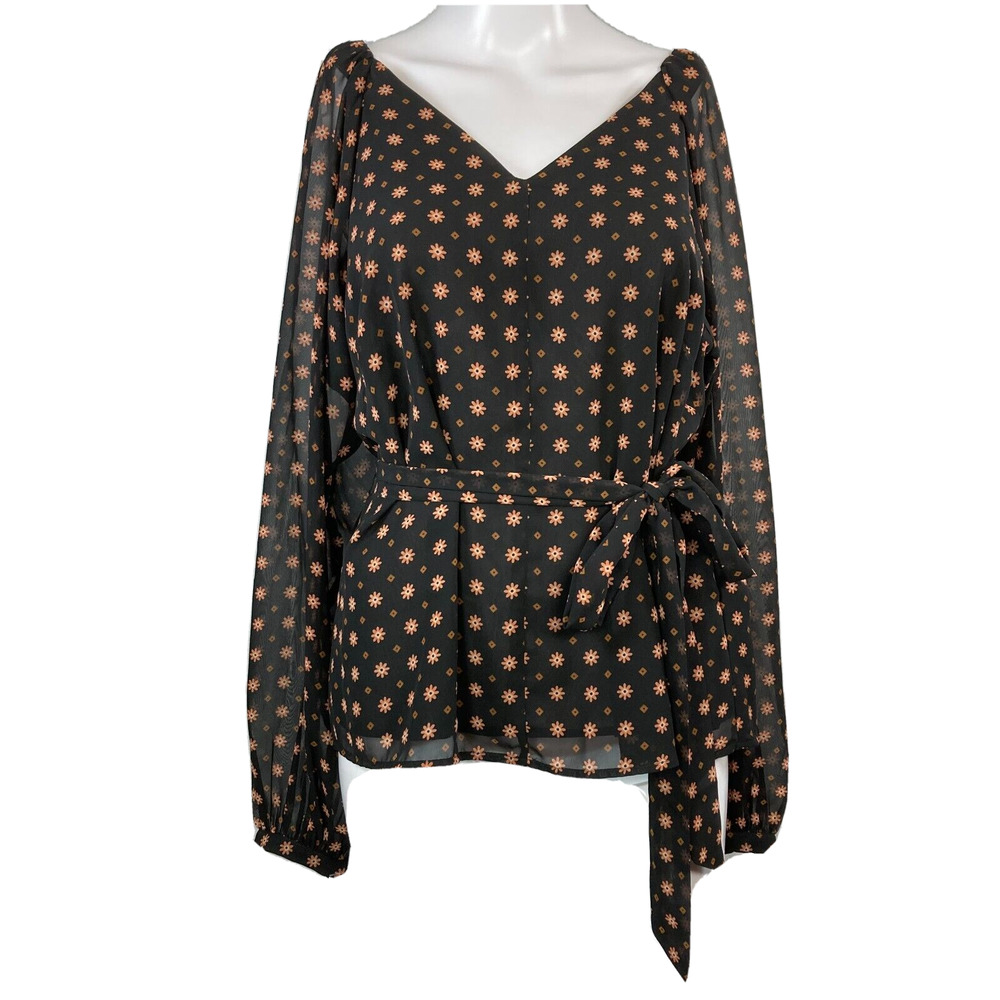 Ann Taylor Shirt Womens Sz S Black Beige Print Chiffon‎ V Neck Waist Tie Popover